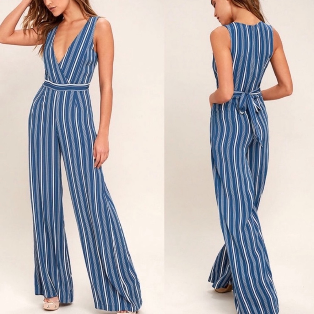 Lulus Montauk Yacht Club Blue Striped Jumpsuit wide leg Sleeveless Size S